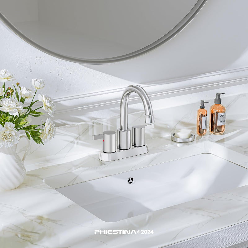Phiestina 4 Inch Centerset 2 or 3 Holes 2 Handle Chrome Lead-Free Bathroom Faucet, Swivel Spout with Copper Pop Up Drain and 2 Water Supply Lines, BF015-1-C - Image 2